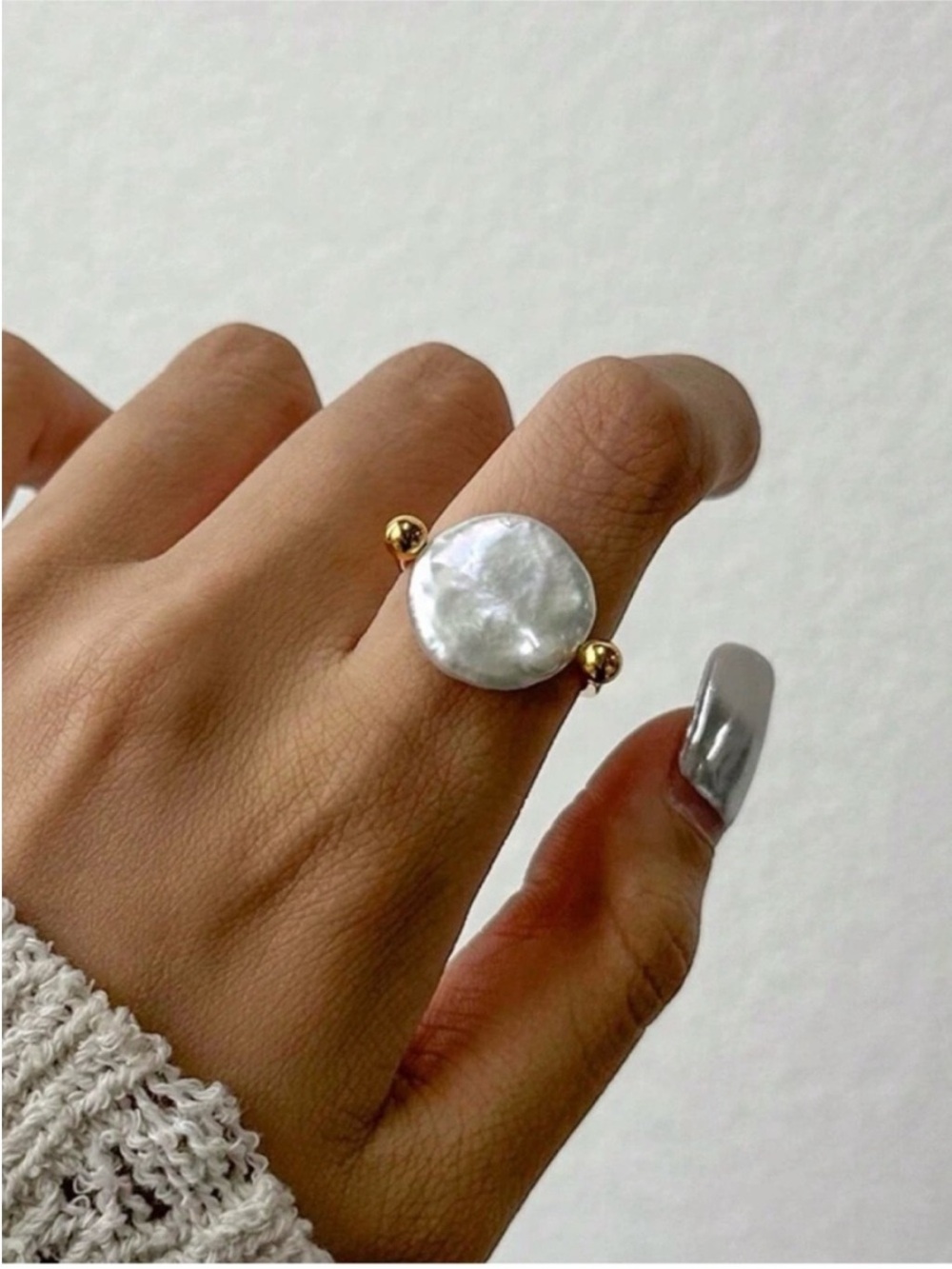 Gold and White Pearl Disk Statement Ring